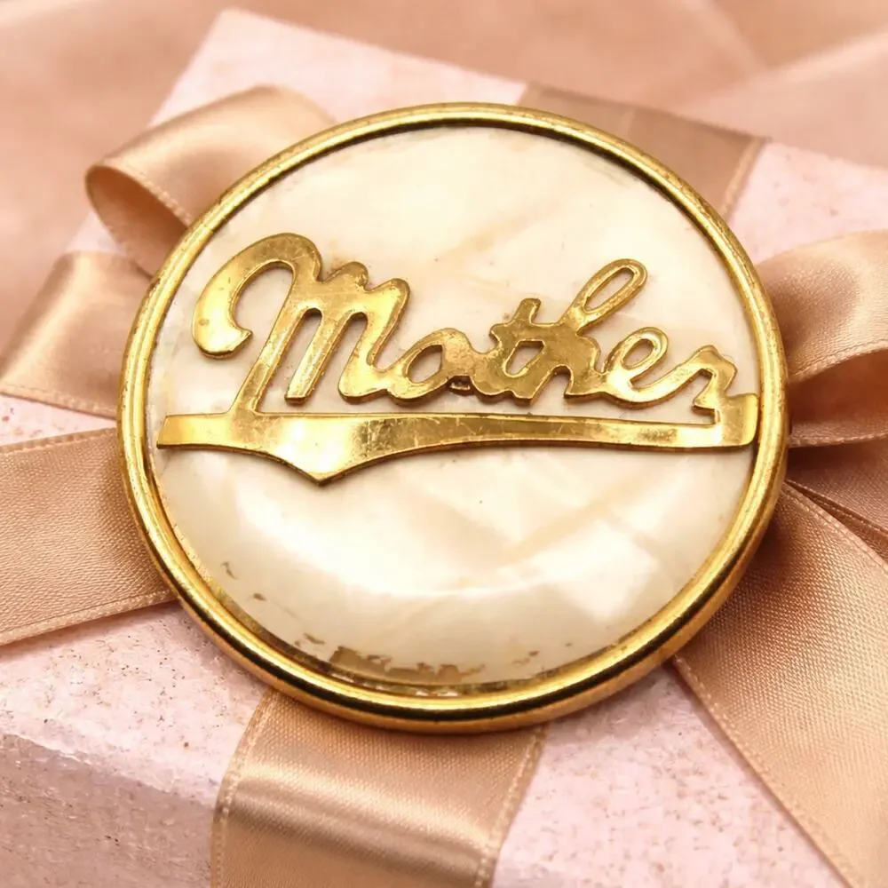 Vintage Mother Brooch Round Pin w Faux Mother of Pearl Background 2” - Hey Viv